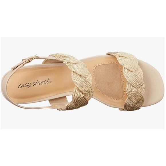 EASY STREET WOMENS 'CHAREE' HEELED DRESS SLIP ON BUCKLE SANDAL BEIGE WOVEN 9M - Picture 2 of 9